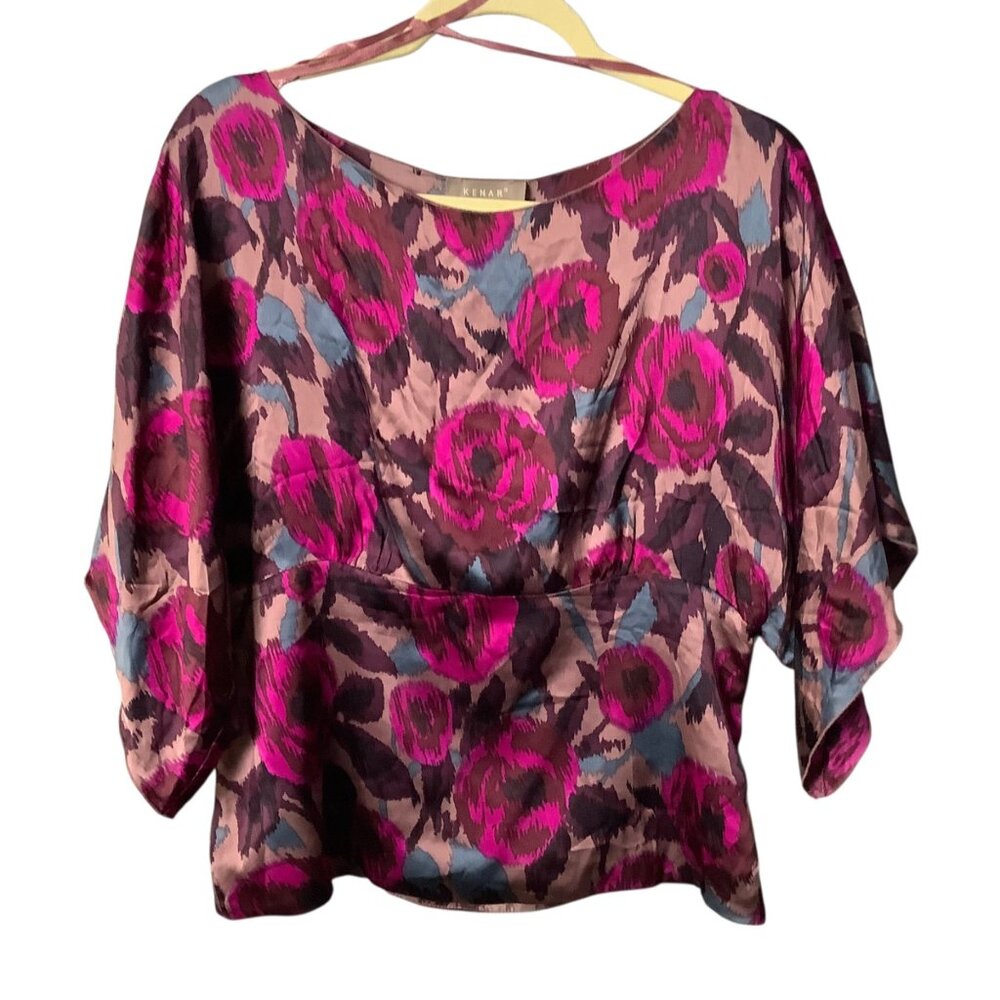Kenar Womens Silk Blouse Size Large Abstract Floral Top Pink Brown Button Detail